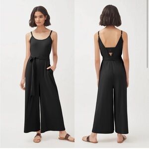 Cuyana black V back jumpsuit size small sleeveless belted Pima modal loungewear